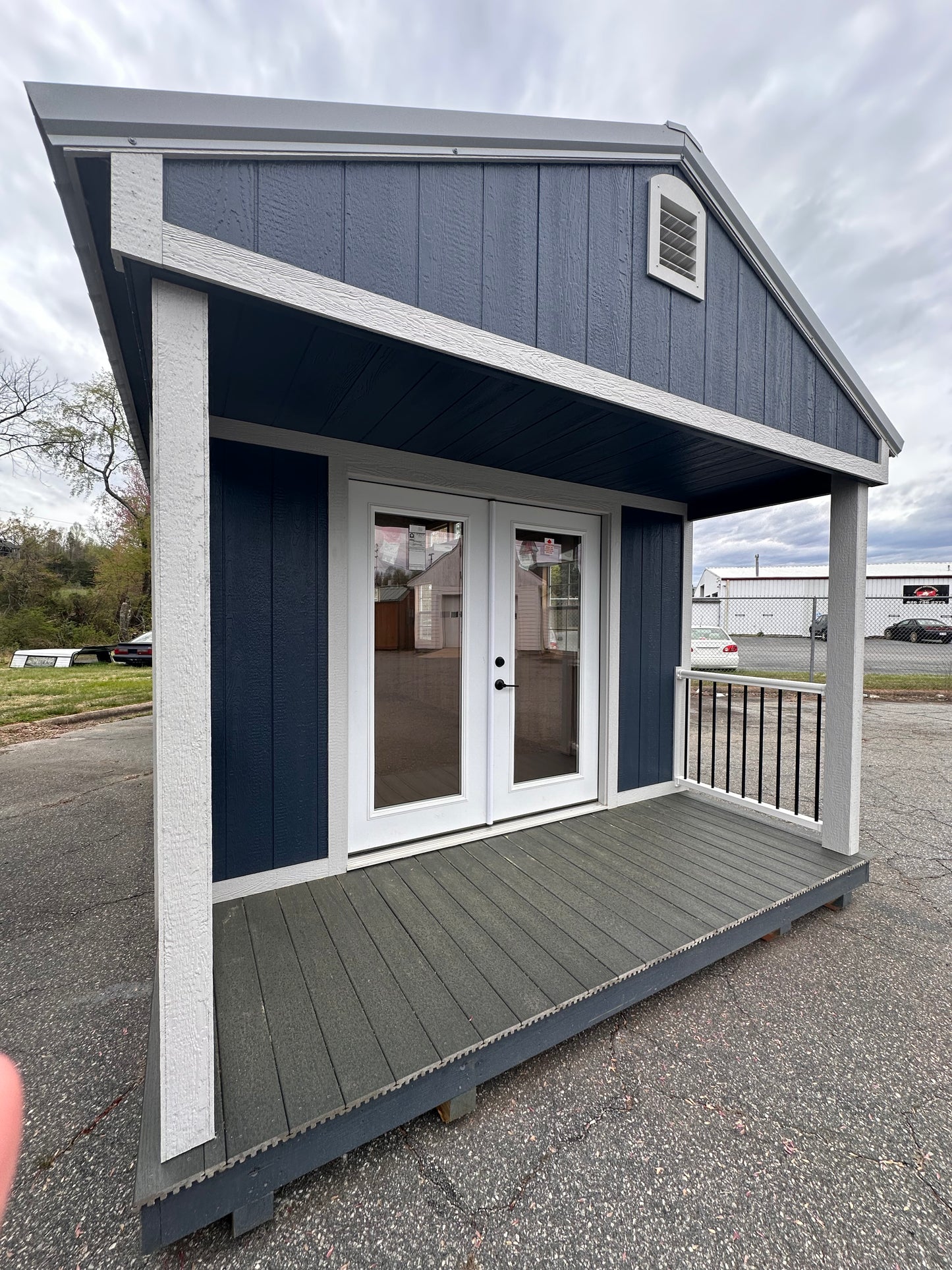 A-Frame 12x24 Shed with Dormer and French Doors – Blue with White Trim & Shutters