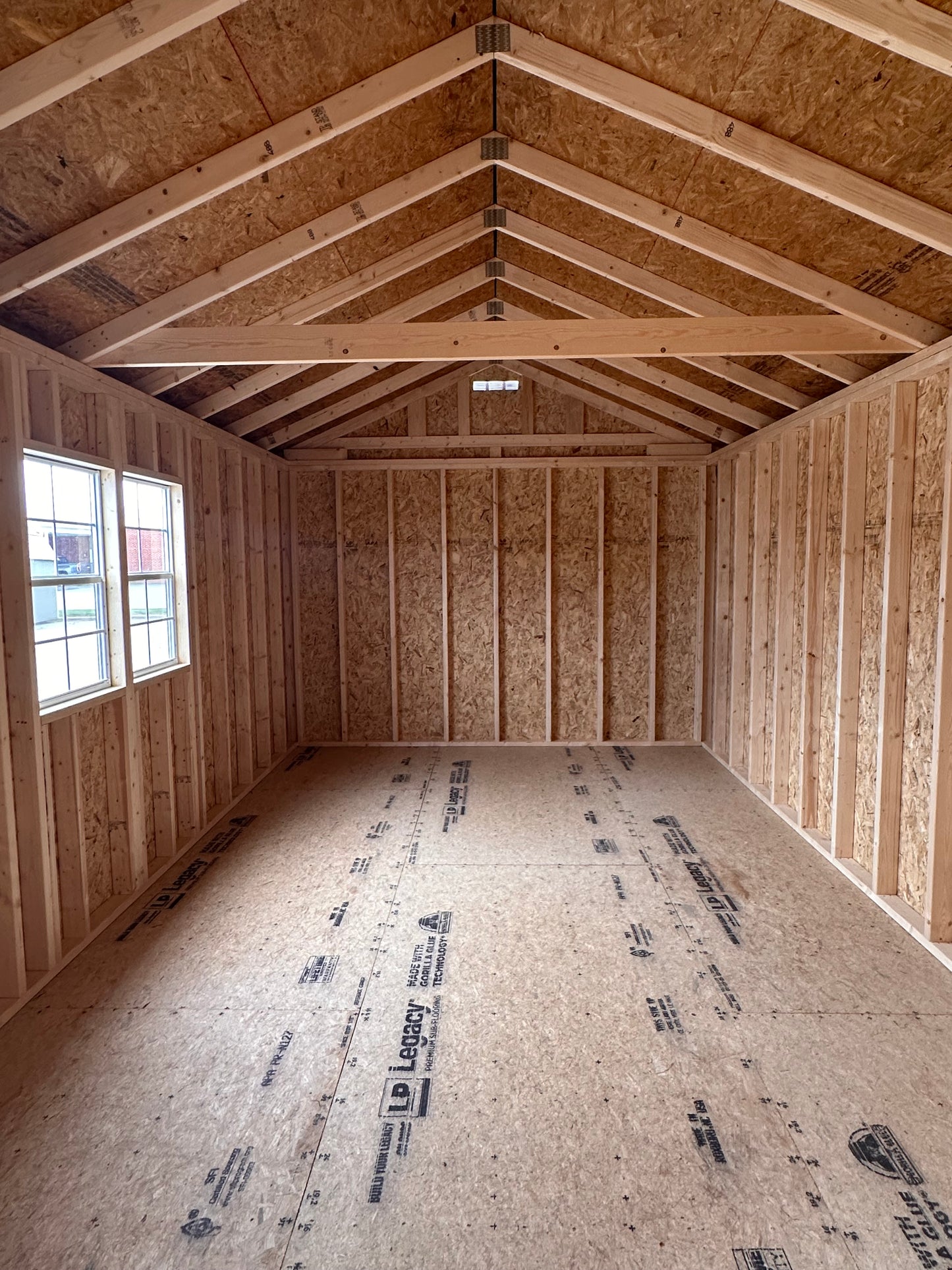 A-Frame 12x40 Shed with High Walls, T&G Floor, Metal Roof, Shutters, & 9-Lite Fiberglass Door