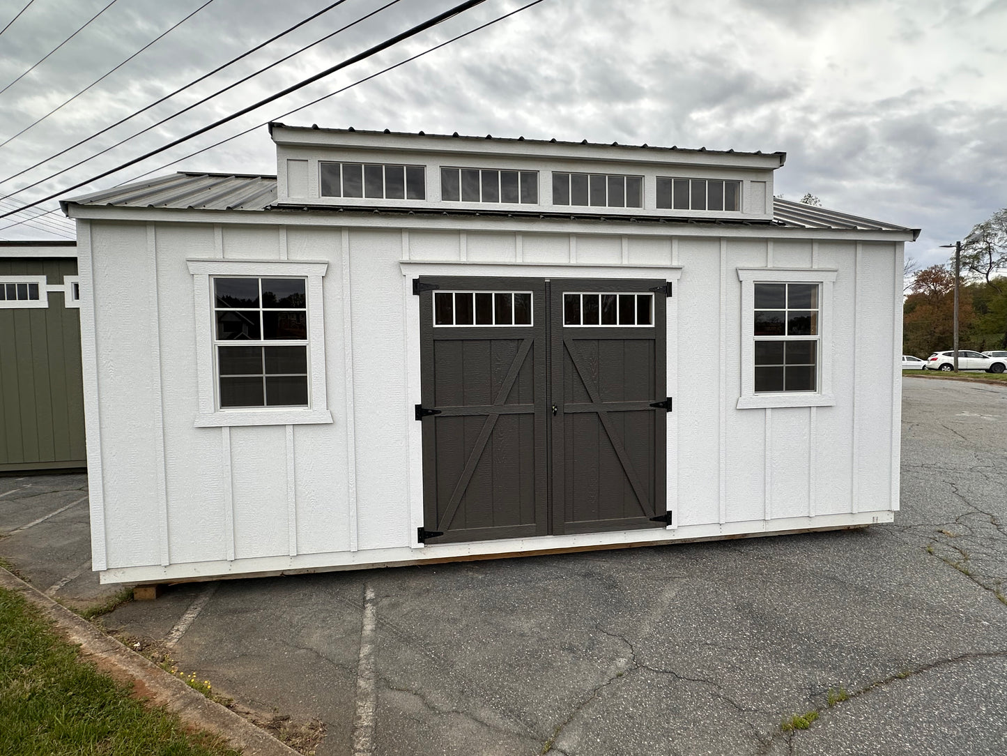 12x20 A-Frame Shed with Dormer, Electric Package, Board & Batten Siding & Transom Double Wood Doors