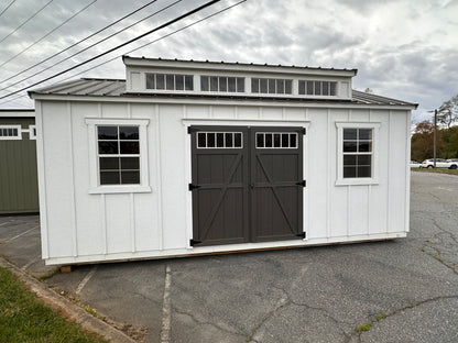12x20 A-Frame Shed with Dormer, Electric Package, Board & Batten Siding & Transom Double Wood Doors