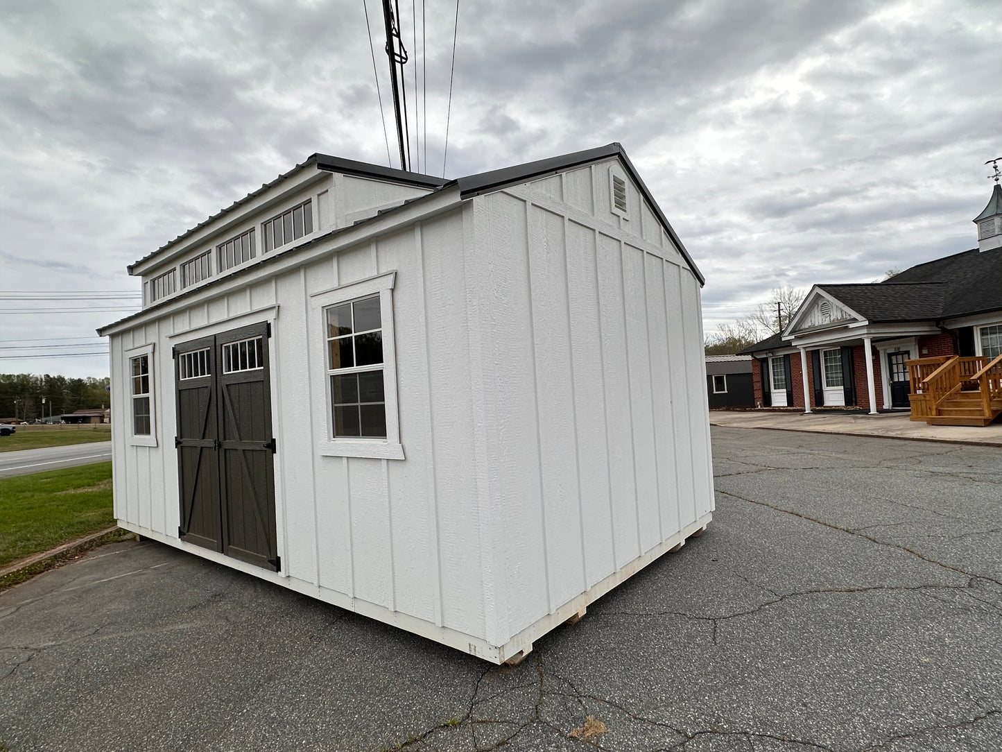 12x20 A-Frame Shed with Dormer, Electric Package, Board & Batten Siding & Transom Double Wood Doors