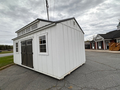 12x20 A-Frame Shed with Dormer, Electric Package, Board & Batten Siding & Transom Double Wood Doors