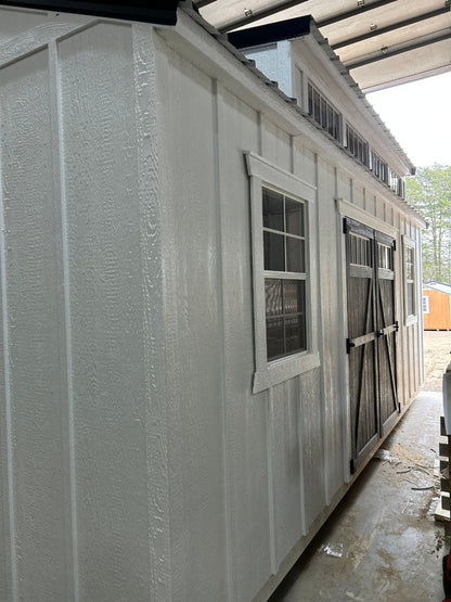 12x20 A-Frame Shed with Dormer, Electric Package, Board & Batten Siding & Transom Double Wood Doors